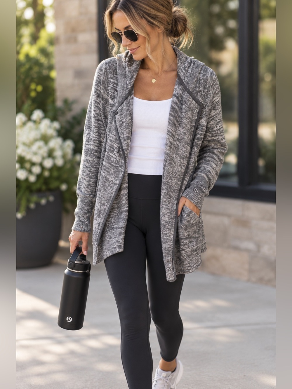 Lululemon Gray Marled Knit Hooded Open Front Cardigan Jacket 10?